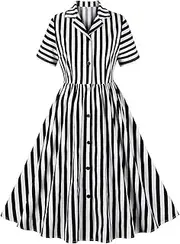 [IMEKIS] Women Black and White Striped Dress Halloween Costume Vintage 1950s Buttons Rockabilly Pinup Dress 50s Cosplay Outfit