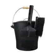 2.15 Gallon Black Ash Bucket and Fireplace Tool Set with Lid Shovel & Broom