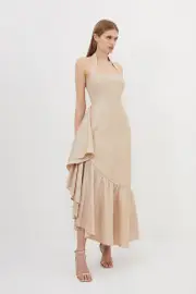 Metallic Taffeta Halterneck Ruffle Hem Maxi Dress