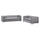 3+2 Seater Sofa Classic Button Tufted Lounge in Grey Velvet Fabric with Metal Le