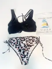 Womens Bikini Size Medium Animal Print White Pink Black High Rise Tie Sides New