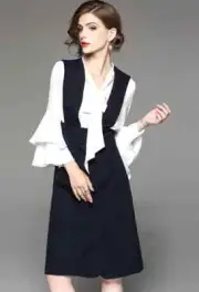 White Ruffled Blouse and Navy Overall Dress Set