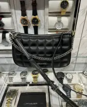 Michael Kors Carmela Medium Pouchette Crossbody Bag Quilted Chain Strap (Black)