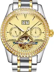 [carlien] Men Automatic Mechanical Luminous Gold Stainless Steel Waterproof Diamond Business Hollow Tourbillon Watches