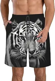 [FJWSLCH] Black and White Tiger Men's Swim Trunks Quick Dry Swimming Board Shorts Drawstring Hawaiian Beach Shorts