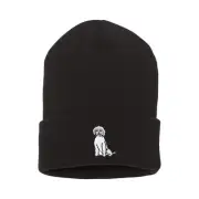 Cute white doodle dog embroidered black beanie hat, embroidery winter beanie