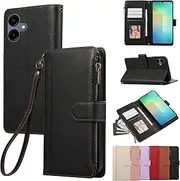 [Rosbtib] Case for Samsung Galaxy A06 5G 2025/A06 4G 2024 6.7 Inch Leather Zip Magnetic Closure Wallet with 4 Card Slots Stand Function Retro Leather Case Galaxy A06 4G/5G Case, Black