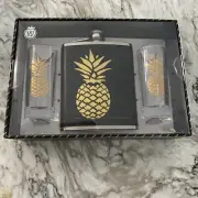 Wild Eye 3-Piece Black Metallic Gold Tropical Pineapple Flask Shot Glass Set