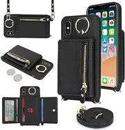 SunYoo for iPhone X/iPhone Xs Crossbody Case with Card Holders Money Slots Zipper Coin Purse Rotatable Ring Kickstand Cover Wristlet Strap Lanyard Litchi Leather Wallet for iPhoneX iPhoneXS Black