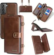 [Yidai-Silu] Galaxy A13 Flip Wallet Case【3in1 Design，Zipper Case】 Detachable Magnetic Shoulder Strap Viewing Stand Shockproof Card Holder PU Folio Cover for Samsung Galaxy A13 6,6" - Brown