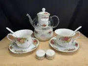 Kendal Tea For 2 Teapot Warmer Cups Saucers Infuser Spoons Glass Porcelain Set