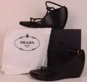 NIB PRADA 1X0346 BLACK LEATHER CRISSCROSS WEDGE HEEL PLATFORM SANDALS 37 US 6.5