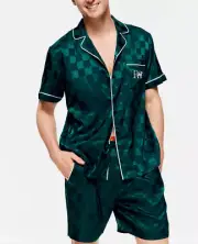 NEW PETER ALEXANDER GREEN CHECK POLY SATIN TOP & SHORTS PJ SET MENS M RRP$129