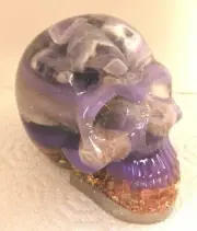 ORGONE ENERGY generator LARGE 4" SKULL Chevron Amethyst. Lepidolite, Desert Rose