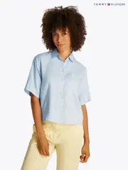 Tommy Hilfiger Blue Linen Short Sleeve 100% Linen Shirt (F55212) | $254