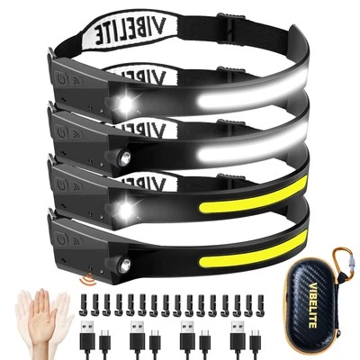 VIBELITE 4PCS Rechargeable Headlamp Flashlight, 230°Wide Beam Headlight wit