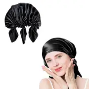 Mulberry Silk Sleep Cap Bonnet for Curly Hair and Braids-Black