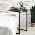 24-Inch Black Metal & Vintage Gray Wood Sliding End Table, C-Shape Couch Table