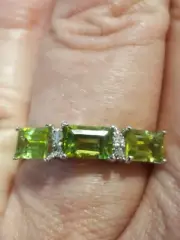 Peridot Labcreated Octagon Cut 3 Stones & Diamond Ring 10kt Solid White Gold