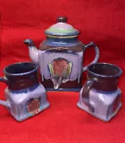 Beautiful Vtg Stoneware Teapot W/ 2 Coffee Cups Handmade & Signed. (sd5)