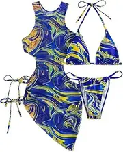 [Generic] 3 Piece Swimsuits for Women Padded Floral Print String Bikini Bathing Suit Set Sexy Cutout High Neck Mesh Beach Cover Up