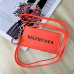 睿鈞國際精品 BALENCIAGA 巴黎世家 594548 品牌LOGO斜背頸掛牛皮證件零錢包.螢光橘