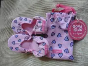 NWT Girls LIFE IS GOOD Slippers - Pink w/ Blue Hearts & Drawstring Bag - SZ L