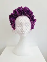 Miss Trixie. Womens ruffle fascinator with face veil headband in Violet
