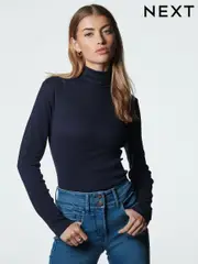 Navy Long Sleeve Ribbed Roll Neck Top (814639) | $25