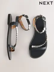 Black Leather Shield Studded Wrap Sandals (AV8634) | $111