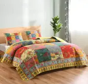 New 100% Cotton Colorful Floral Patchwork Quilt Coverlet King 3 pcs Set