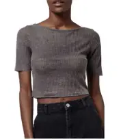 NWT Topshop Ribbed Crop Top Short Sleeves Raw Edge Stretchy Gray Sz 8