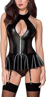 [Generic] Lingerie for Women Sexy Naughty Bodysuit Wet Look Clubwear Faux Mesh Leather Tight Mini Bodycon Dress Negligee Nightie