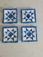 Vintage New Handmade Quilted Coasters Fabric Coaster 4 pc Set Retro Blue White