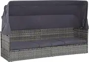 Patio Sun Lounger with Canopy, Swimming Pool Sun Bed, Poly Rattan Cushioned Daybed, Outdoor Sun Sofa Bed Chaise Lounge, Garden Balcony Backyard Furniture