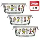 PYREX Peanuts Snoopy Glass Storage Containers Round 380ml x3/ Heat Resistant Set