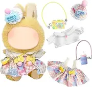 17 cm Cute Doll Clothes, 4 Pieces Plush Dolls Clothes, Pink Checked Jumpsuit + Pink Headpiece + Pink Bag + Yellow Bag, Princess Style Doll Clothes