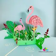 Pink Flamingo Mum & Baby in Garden 3D Pop Up Card