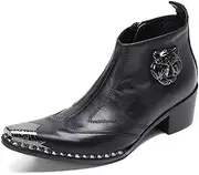 [Generic] Ankle Boots for Men Genuine Leather Zip Closure Metal Tip with Pull Tap Tiger Pattern Studs Decoration 6CM High Heel Shoes Men's Leather Shoes