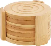Set of 6 Bamboo Wood Coasters with Holder for Coffee Table, Hot Drinks, Beverage