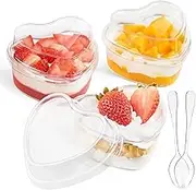 Qeirudu 50 Pack 5 oz Heart Shaped Dessert Cups with Lids and Spoons, 50 Pack Mini Dessert Shooter Cups Cute Plastic Parfait Cups for Party Wedding Serving Cheesecake Mousse Pudding, Q097