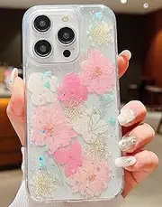 ELEPIK Real Flower Series for iPhone 13 Pro Case Clear, [Handmade Real Flower Design] Glitter Cute Floral Pattern Slim Soft TPU Protective Women Girl's Phone Cover, Pink