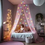 Pink Bed Canopy with Pre-Glued Luminous Unicorns - Princess Mosquito Net for Girls Room Decoration - Canopy Bed Curtains for Children and Baby Bed