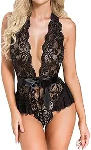 [ZPLxi] Women Lingerie Lace Babydoll Strap Chemise Halter Deep V Front Closure Backless Bow Tie Floral Bodysuit Teddy Sleepwear