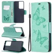 For Samsung Galaxy S21 Ultra Case Butterflies Emboss Folio PU Leather Wallet Cover, Kickstand, Lanyard, Green