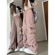 Mid Rise Plain Drawstring Cargo Baggy Pants Mauve Pink - 2XL