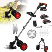 Electric Weed Eater Cordless Weed Wacker Battery Powered 2000mAh, Brush Cutter Grass Trimmer Edger, Stringless Weed Trimmer 3 in 1 Small Wheeled Push Lawn Mower Garden Lawn Tool