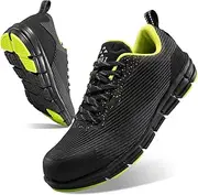 [SPIEZ] Unisex Waterproof Safety Shoes with Composite Toe, Lightweight Non-Slip Work Sneakers for Men and Women Black Green US4-13.5