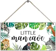 Safari Jungle Baby Nursery Decor, Little Man Cave Hanging Wall Decor for Baby Room, Safari Animal Themed Nursery Wall Art, Jungle Safari Decor for Baby Boys - 12 x 6 In