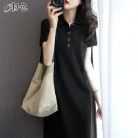 在飛比找momo購物網優惠-【初色】韓系翻領連身裙洋裝-黑色-98603(M-2XL可選